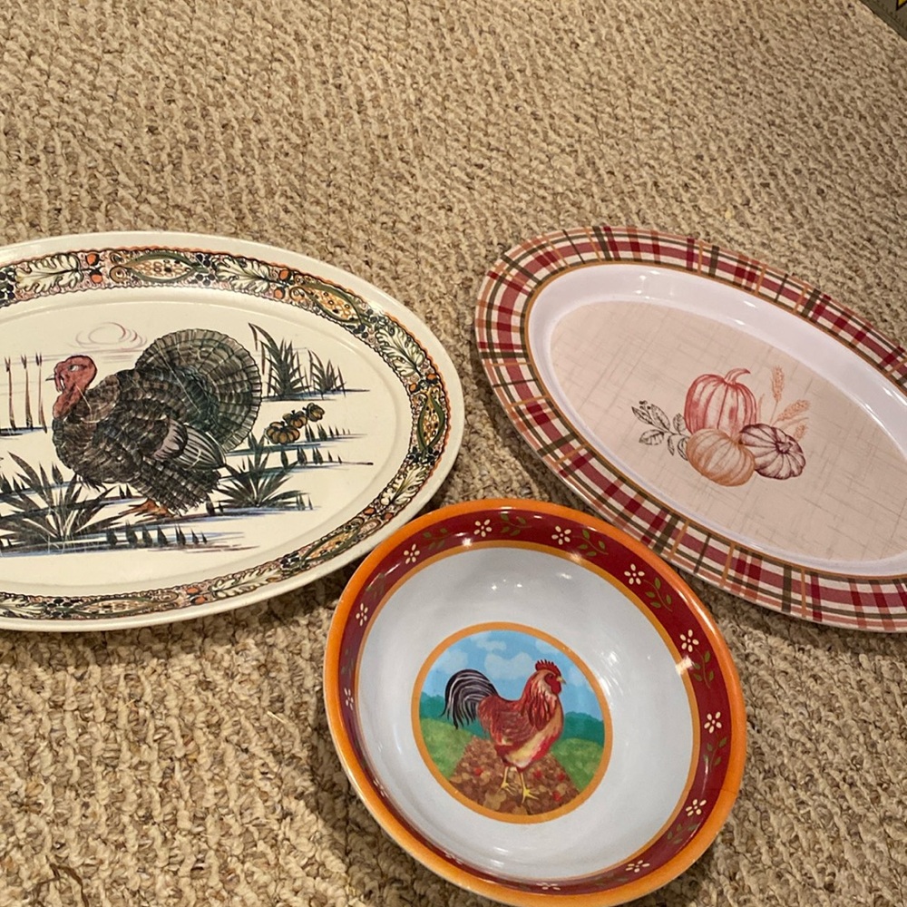 Vintage 1970s Bundle of Melamine Turkey Platter, Pumpkin Platter & Rooster Bowl